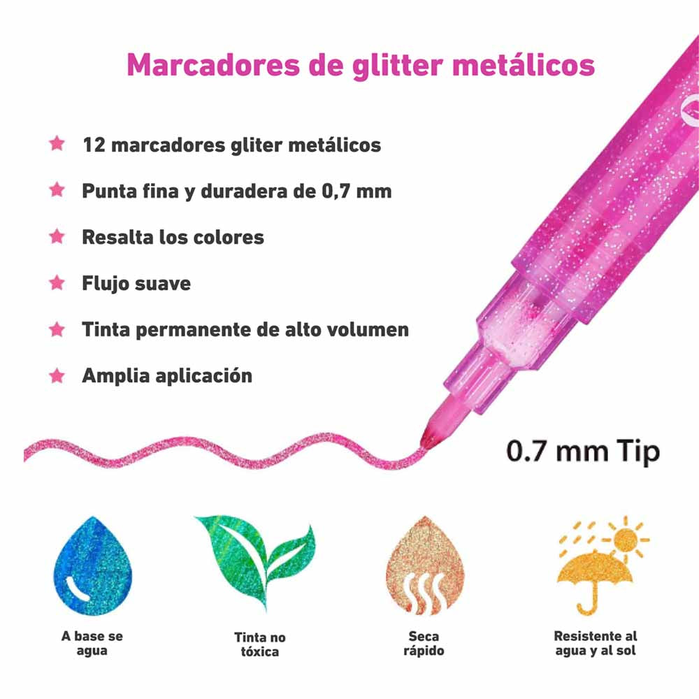 Set de 12 marcadores glitter metálicos