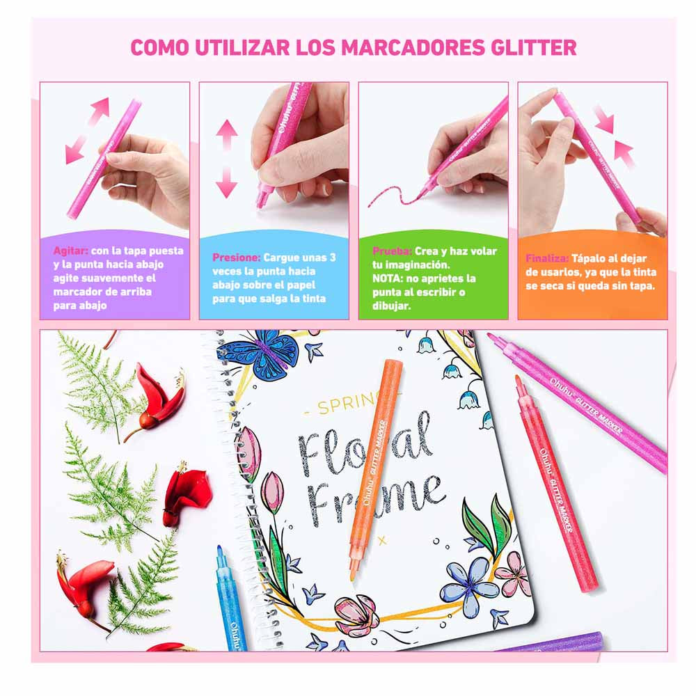 Set de 12 marcadores glitter metálicos